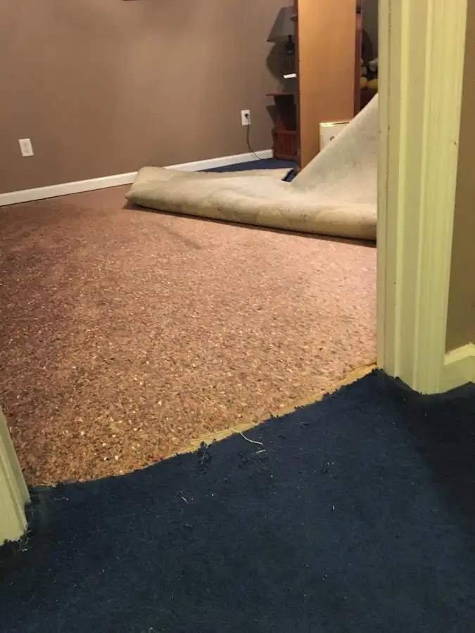 Carpet pad removal revealing water damage during Water Mitigation Services in Plains